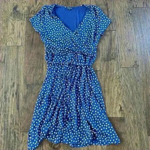 Lands End Dress Womens Polka Dots Stretch Wrap Tie Knee Length Blue 10-12